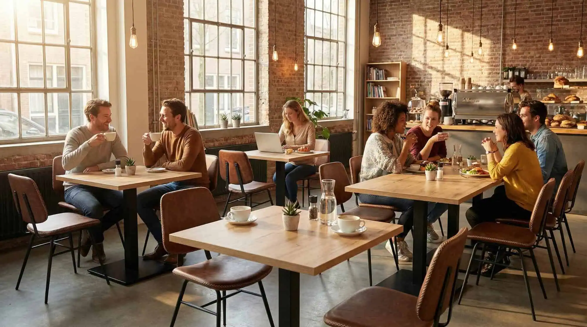 Super-Seat | Zwarte metalen tafelonderstellen, houten tafels, stoelen, bakstenen muren, groot raam. | Horecameubilair