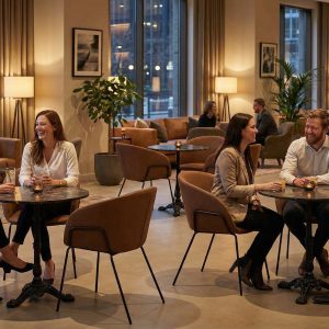 Super-Seat |Modern Lounge| Zwarte gietijzeren tafels & stoelen, warme lounge, hout en metaal, grote ramen en boekenrekken. | Horecameubilair