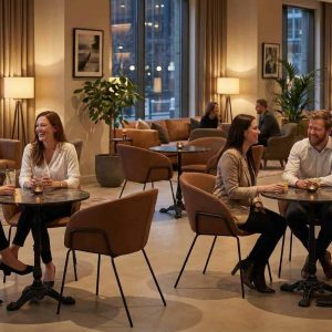 Super-Seat |Modern Lounge| Zwarte gietijzeren tafels & stoelen, warme lounge, hout en metaal, grote ramen en boekenrekken. | Horecameubilair