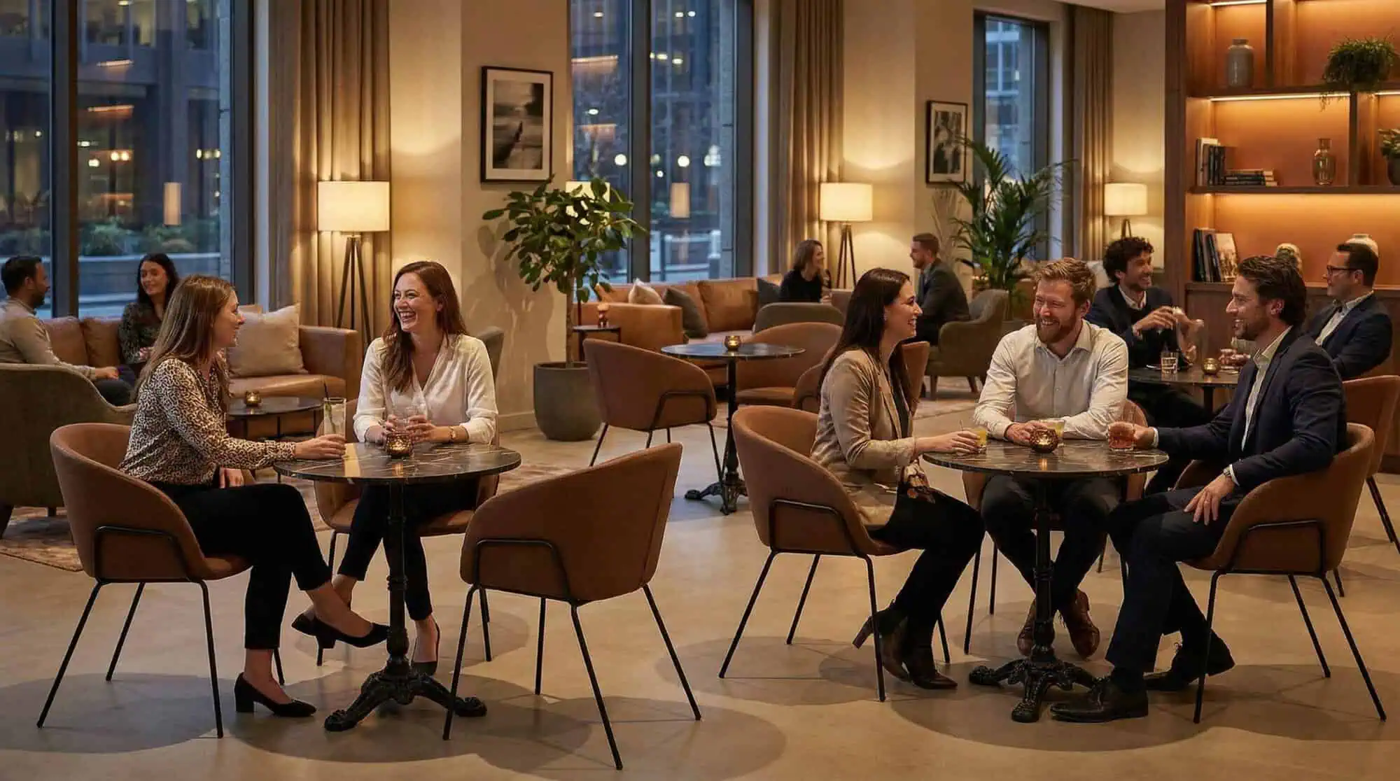 Super-Seat |Modern Lounge| Zwarte gietijzeren tafels & stoelen, warme lounge, hout en metaal, grote ramen en boekenrekken. | Horecameubilair