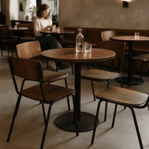 Super-Seat | Zwarte ronde houten tafel, drie houten stoelen, glazen fles en glazen; vrouw op achtergrond. | Horecameubilair