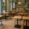 Super-Seat | Modern café interieur inspiratie | Donkere houten tafels met zwarte onderstellen, bruine stoelen, houten bar en barkrukken. | Horecameubilair