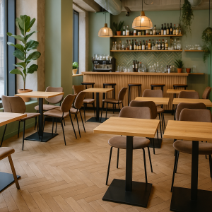 Super-Seat | Modern café interieur inspiratie | Donkere houten tafels met zwarte onderstellen, bruine stoelen, houten bar en barkrukken. | Horecameubilair