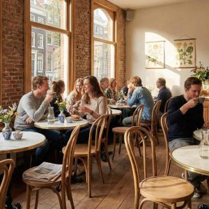 Super-Seat | Design Bistro Tafelonderstellen Zwart | Houten stoelen, ronde zwarte tafels, grote ramen en planten sieren het zonnige café. | Horecameubilair