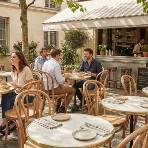 Super-Seat | Bistro tafels | Buiten café met zwarte metalen tafels, houten stoelen; lege tafels met servetten, bestek. | Horecameubilair