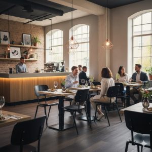 Super-Seat | Zwarte metalen schoolstoelen en houten tafels in modern restaurant met grote ramen. | Horecameubilair