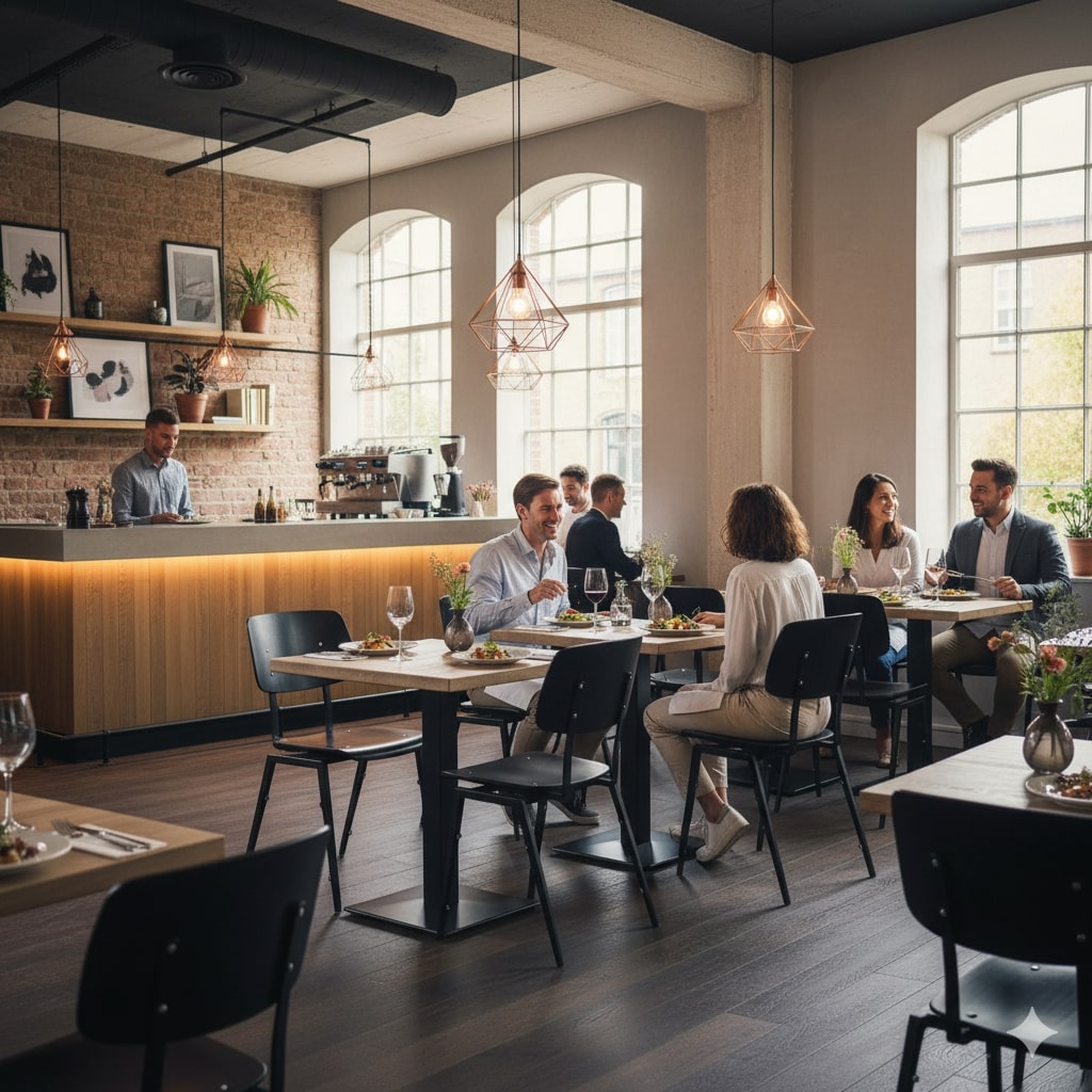 Super-Seat | Zwarte metalen schoolstoelen en houten tafels in modern restaurant met grote ramen. | Horecameubilair