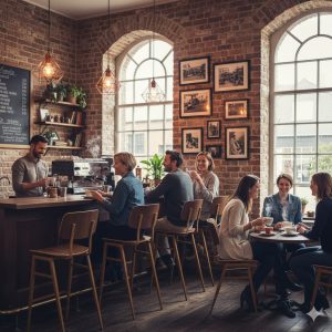 Super-Seat |Rietveld industriële barkrukken bruin / oker Bruine en okergele metalen barkrukken, houten tafels in een bakstenen café. | Horecameubilair
