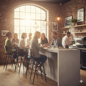 Super-Seat | Zwarte metalen barkrukken, houten tafel, bakstenen muur, houten vloer, grote ramen. | Horecameubilair