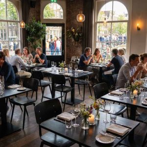 Super-Seat | Rietveld industriele schoolstoelen zwart / zwart | Zwarte metalen stoelen en tafels met glazen, planten, veel licht, grote ramen. | Horecameubilair