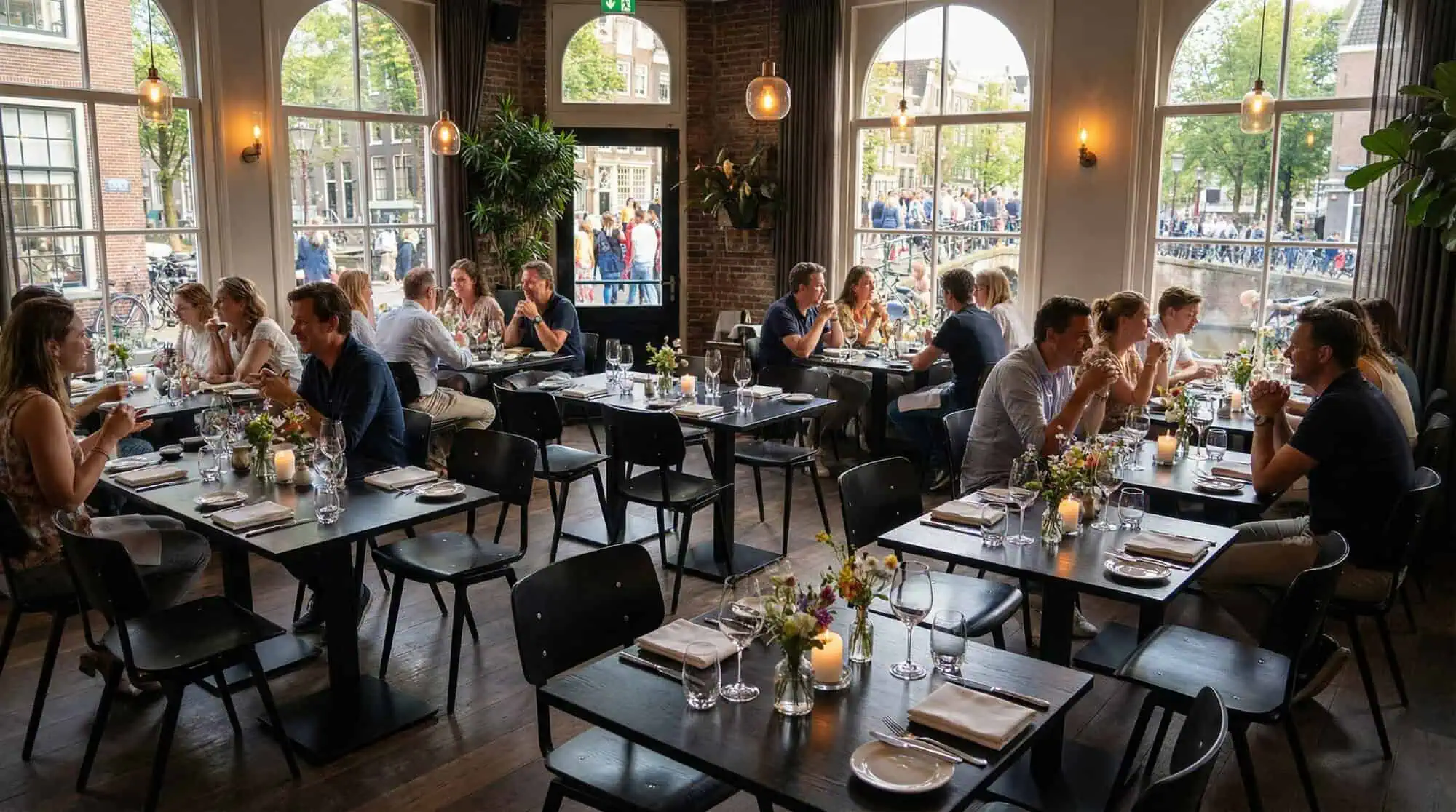 Super-Seat | Rietveld industriele schoolstoelen zwart / zwart | Zwarte metalen stoelen en tafels met glazen, planten, veel licht, grote ramen. | Horecameubilair