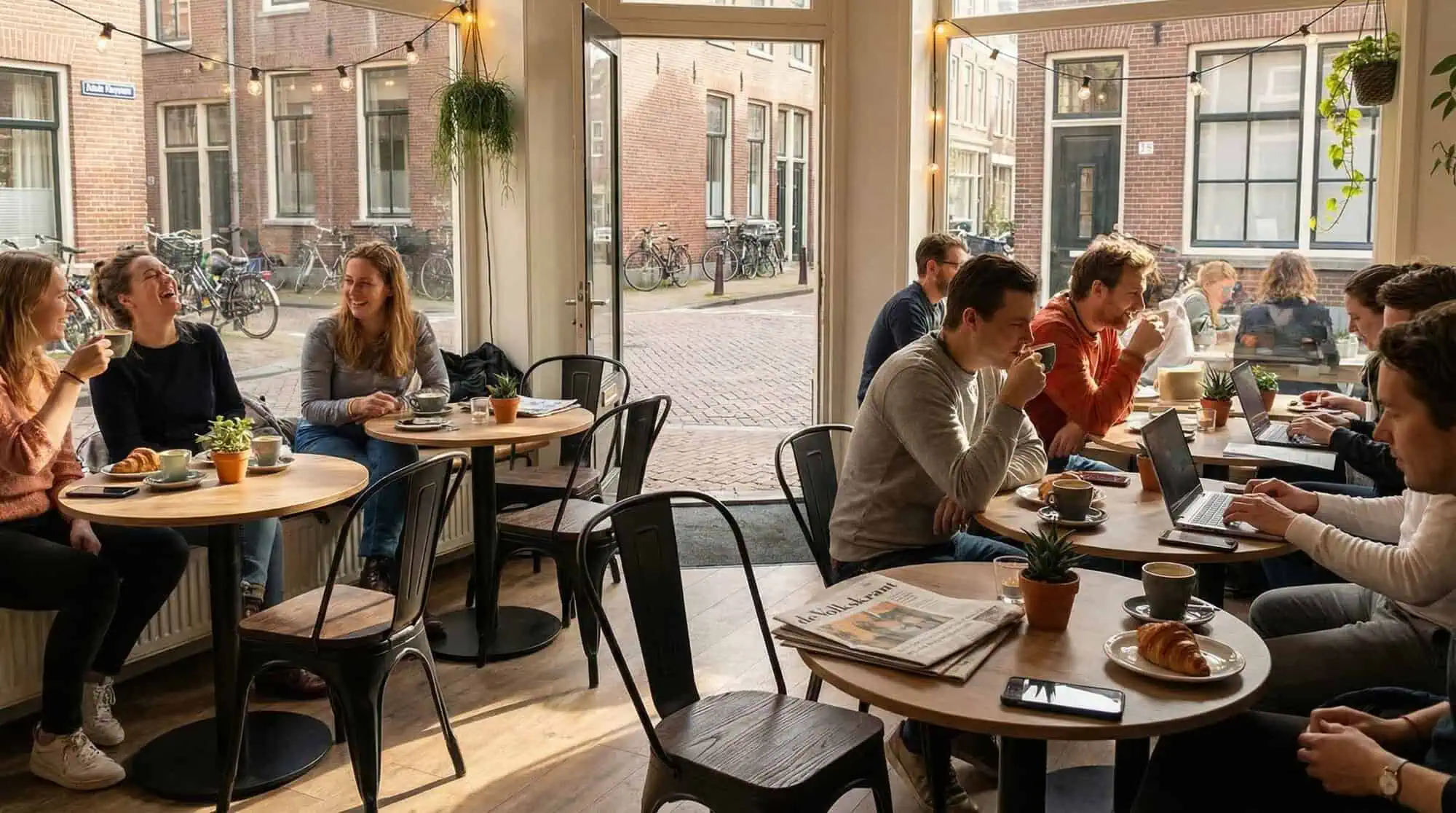 Super-Seat | Lix Stoelen Vintage Zwart Hout | Zwarte houten Lix stoelen, houten tafels, barkrukken en planten in een warme cafésetting. | Horecameubilair