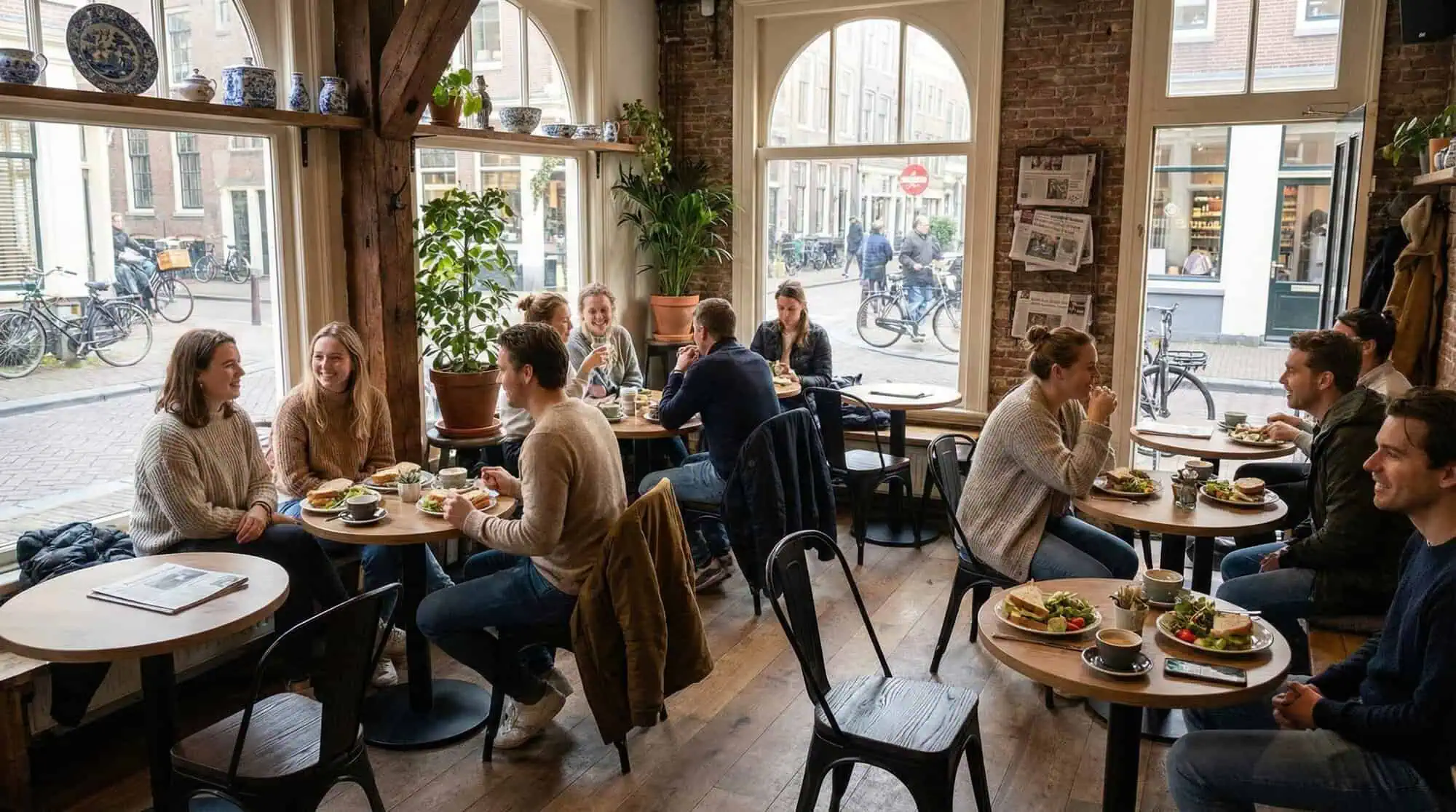 Super-Seat | Lix stoelen vintage mat Zwart hout | Zwarte houten Lix stoelen en tafels, zwart hout vloer, lichte café sfeer met grote ramen. | Horecameubilair