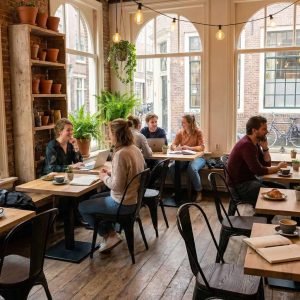 Super-Seat | Vintage Lix stoelen mat Zwart hout Houten tafels en zwarte metalen stoelen in café met bakstenen muren, grote ramen, planten. | Horecameubilair