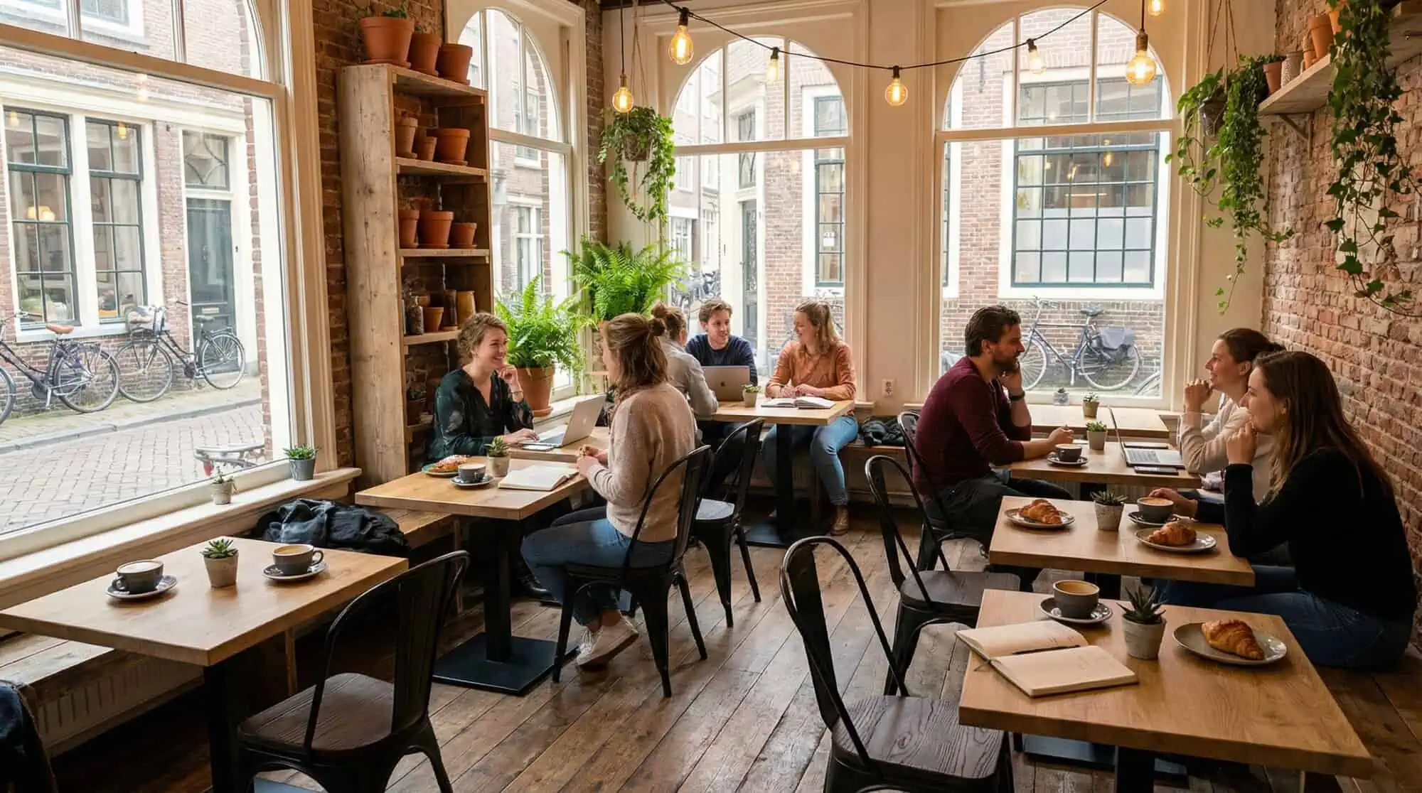 Super-Seat | Vintage Lix stoelen mat Zwart hout Houten tafels en zwarte metalen stoelen in café met bakstenen muren, grote ramen, planten. | Horecameubilair