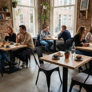 Super-Seat | Houten tafels en mat zwarte Lix stoelen, mensen zitten en praten in een lichte, moderne ruimte. | Horecameubilair