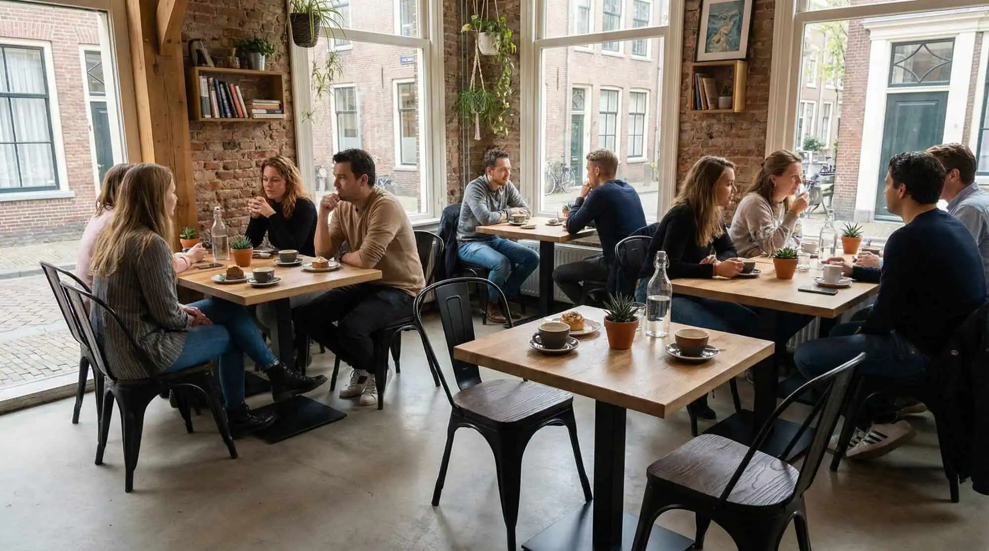 Super-Seat | Houten tafels en mat zwarte Lix stoelen, mensen zitten en praten in een lichte, moderne ruimte. | Horecameubilair