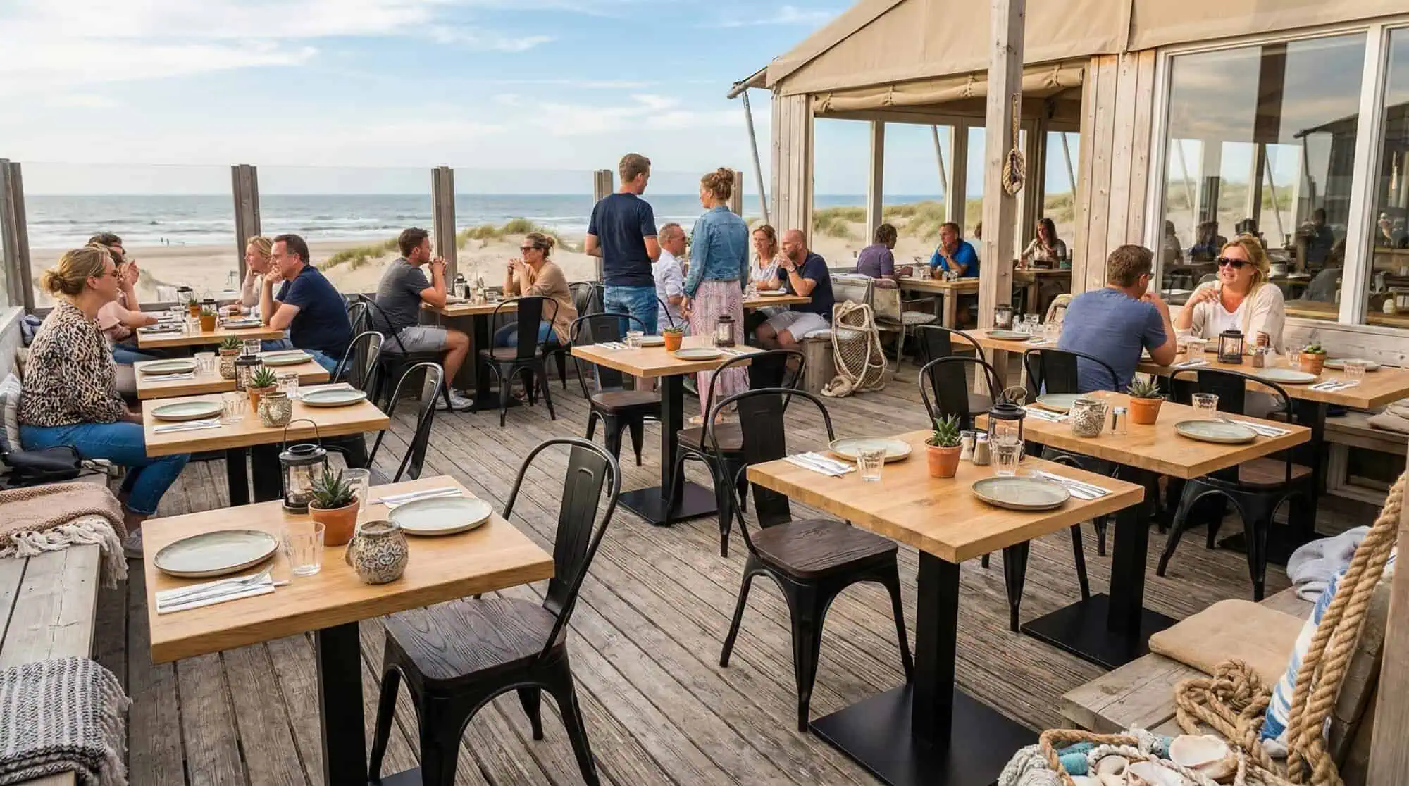 Super-Seat | Lix stoelen vintage mat Zwart hout | Vintage houten tafels en zwarte metalen Lix stoelen op strandterras met zeezicht. | Horecameubilair