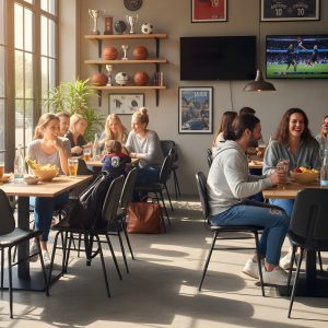 Super-Seat | Miles Retro Horeca Stoelen Vintage Zwart | Zwarte metalen stoelen, houten tafels, barkrukken in sportcafé met zonlicht. | Horecameubilair