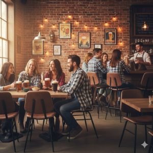 Super-Seat | Retro horeca stoelen vintage Cognac | Bruine retro stoelen, houten tafels, barkrukken en warme sfeerverlichting in de kroeg. | Horecameubilair