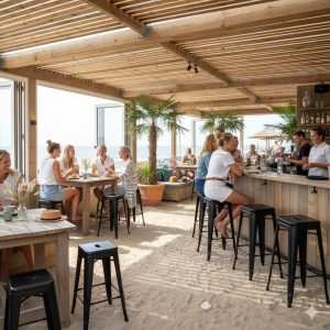 Super-Seat |Beachside Café Design Ideas|Wat je gaat tegenkomen zijn houten tafels, mat zwarte schorsrukken, zandkleurige vloer en palmen. | Horecameubilair