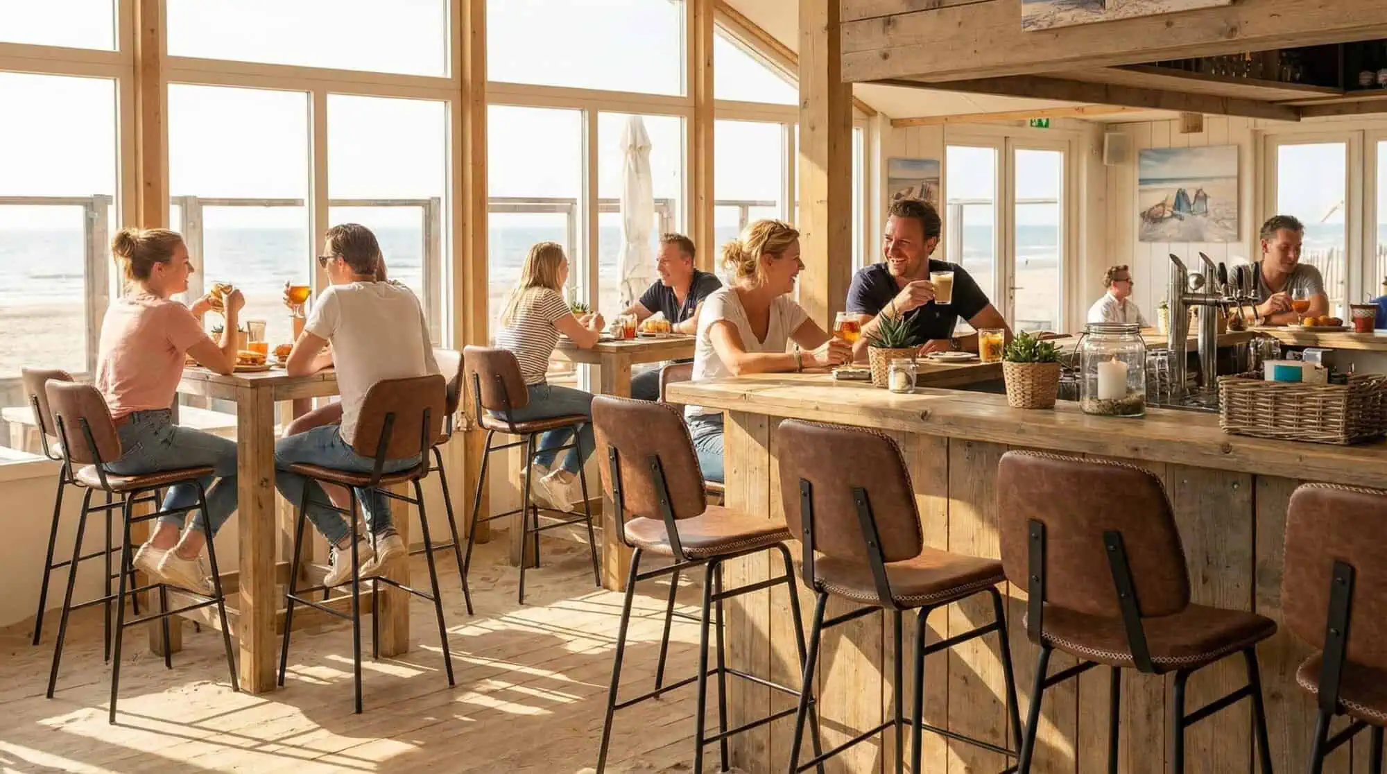 Super-Seat | Lichte strandtent met houten tafels, cognackleurige leren barkrukken en grote ramen. | Horecameubilair