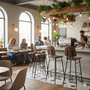 Super-Seat | Moderne Horecazaken Retro cognac barkrukken, houten tafels, metalen stoelen en veel ramen in een lichte caféruimte. | Horecameubilair