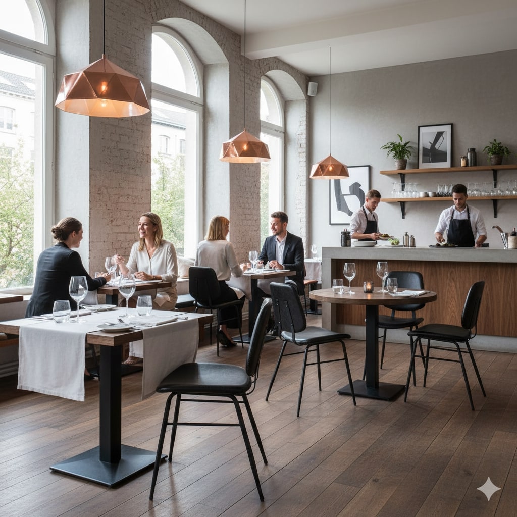 Super-Seat |Een modern restaurant interieur: Zwarte Miles stoelen, houten tafel, eenvoudige verlichting en houten bar, veel licht door grote ramen. | Horecameubilair