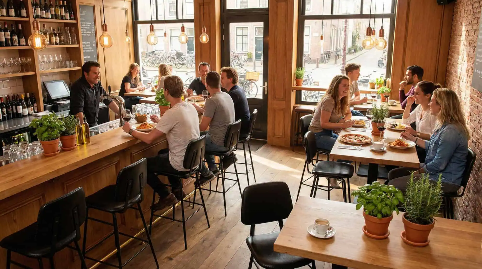 Super-Seat | Zwarte vintage barkrukken met houten tafels in zonnig, modern café met planten. | Horecameubilair