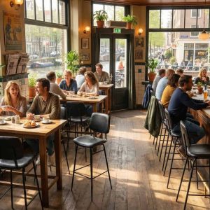 Super-Seat | Zwarte retro metalen barkrukken, houten tafels en stoelen in licht café met veel ramen. | Horecameubilair