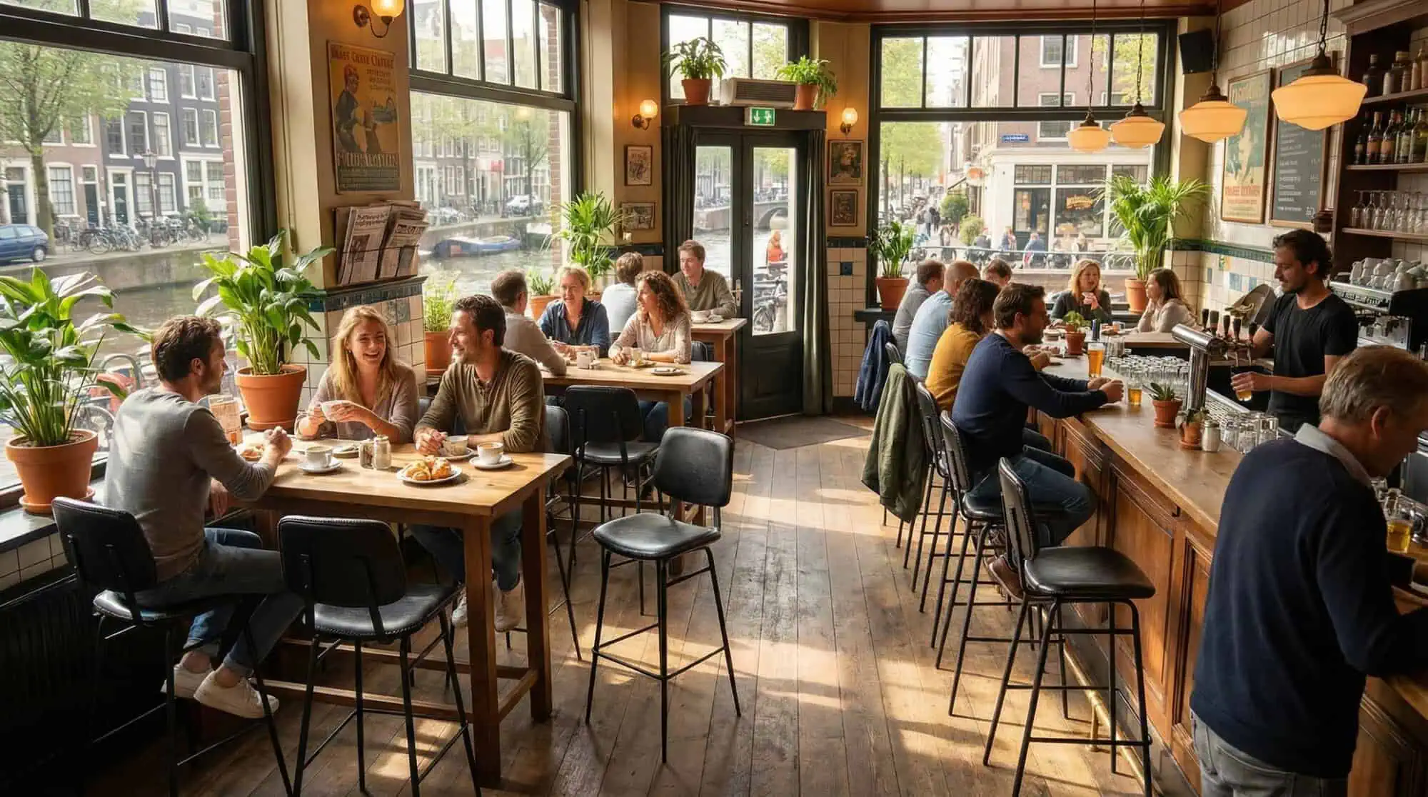 Super-Seat | Zwarte retro metalen barkrukken, houten tafels en stoelen in licht café met veel ramen. | Horecameubilair