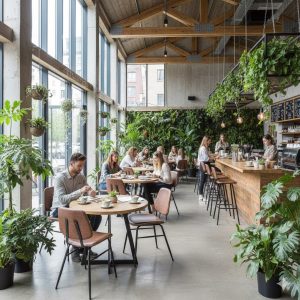 Super-Seat | Miles Retro Horeca Stoelen Vintage Cognac | Cognackleurige leren stoelen en houten tafels in modern café met veel groen en licht. | Horecameubilair