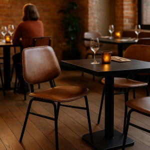 Super-Seat | Miles Retro horeca stoelen vintage Cognac | Cognackleurige leren stoelen, houten tafels met glaswerk, bakstenen muur, plant. | Horecameubilair