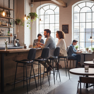 Super-Seat | Miles Retro horeca barkrukken vintage zwart | Zwarte retro barkrukken van metaal en hout aan houten bar, groene planten, veel daglicht. | Horecameubilair