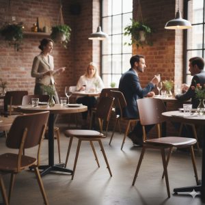 Super-Seat | Houten tafels, bruine/oker Rietveld schoolstoelen in modern café met bakstenen muren. | Horecameubilair