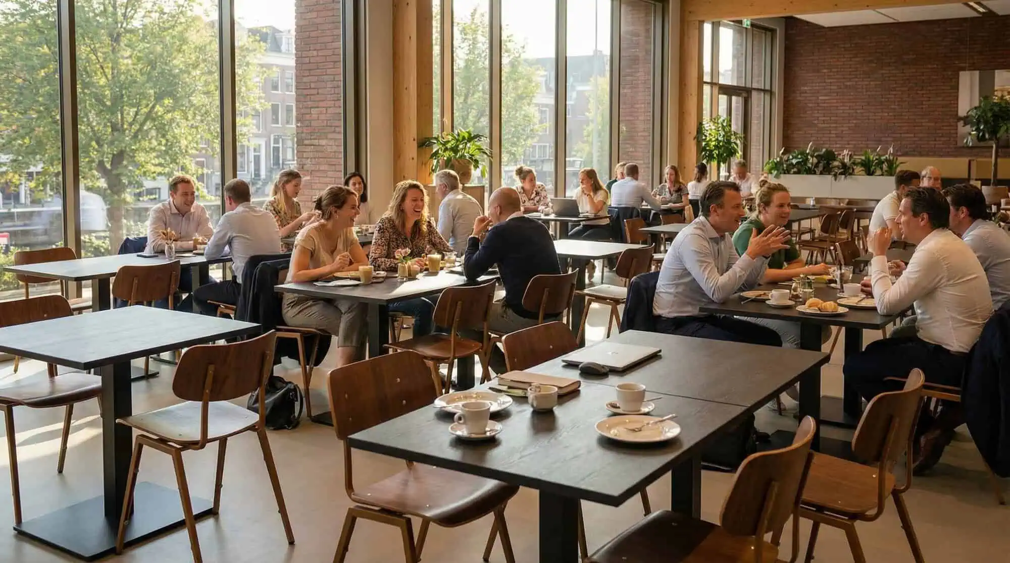 Super-Seat | Industriële schoolstoelen cafetaria Bruin/oker metalen stoelen, houten tafels, barkrukken en planten in lichte ruimte. | Horecameubilair