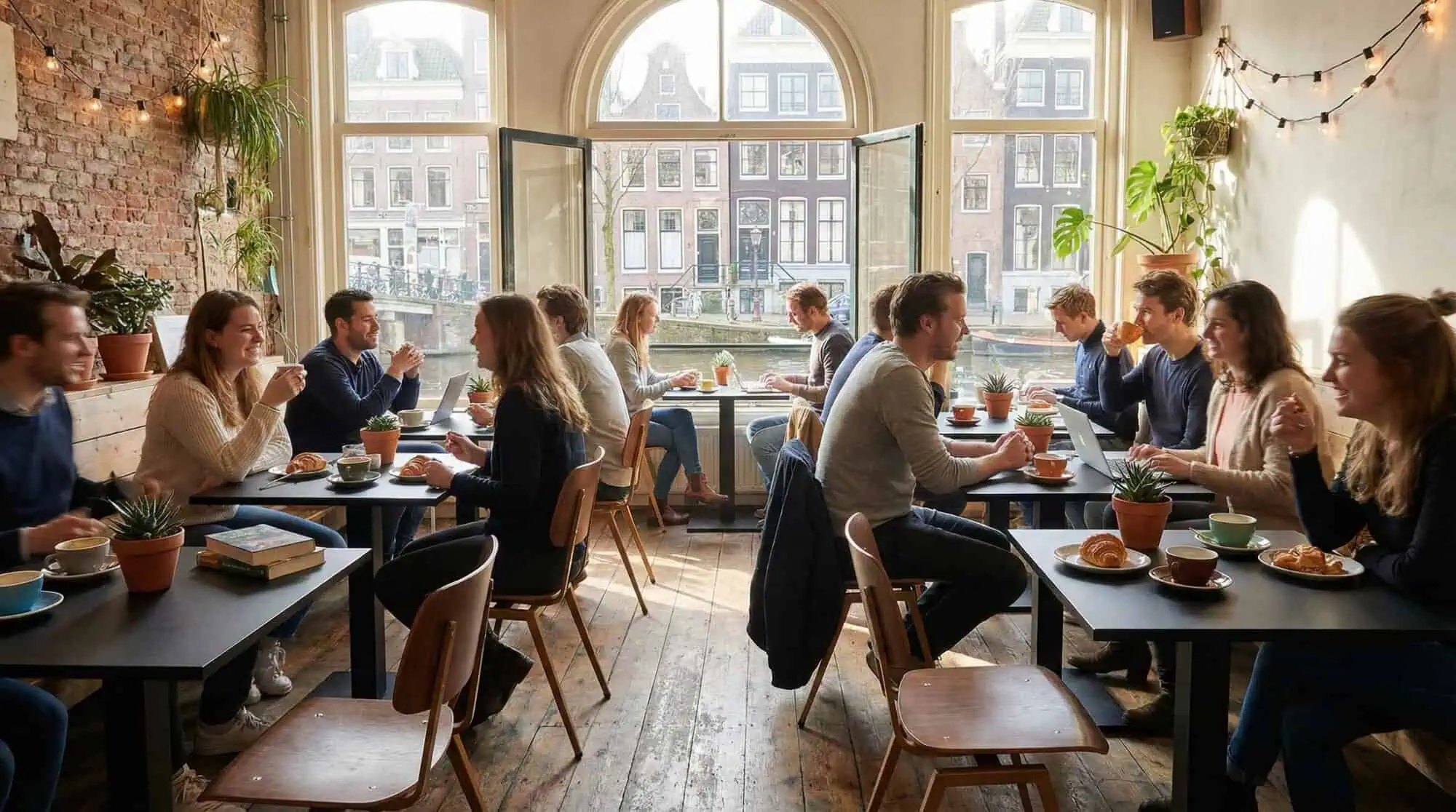 Super-Seat | Industriële Stoelen en Tafels | Bruin/oker Rietveld stoelen, houten tafels, bakstenen muren, grote ramen, planten, daglicht. | Horecameubilair