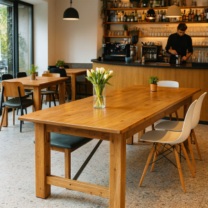 Super-Seat | Moderne landelijke tafels en stoelen | Eikenhouten eettafels 220x80cm, houten stoelen, tulpenvaas, barista, planten, flessen. | Horecameubilair