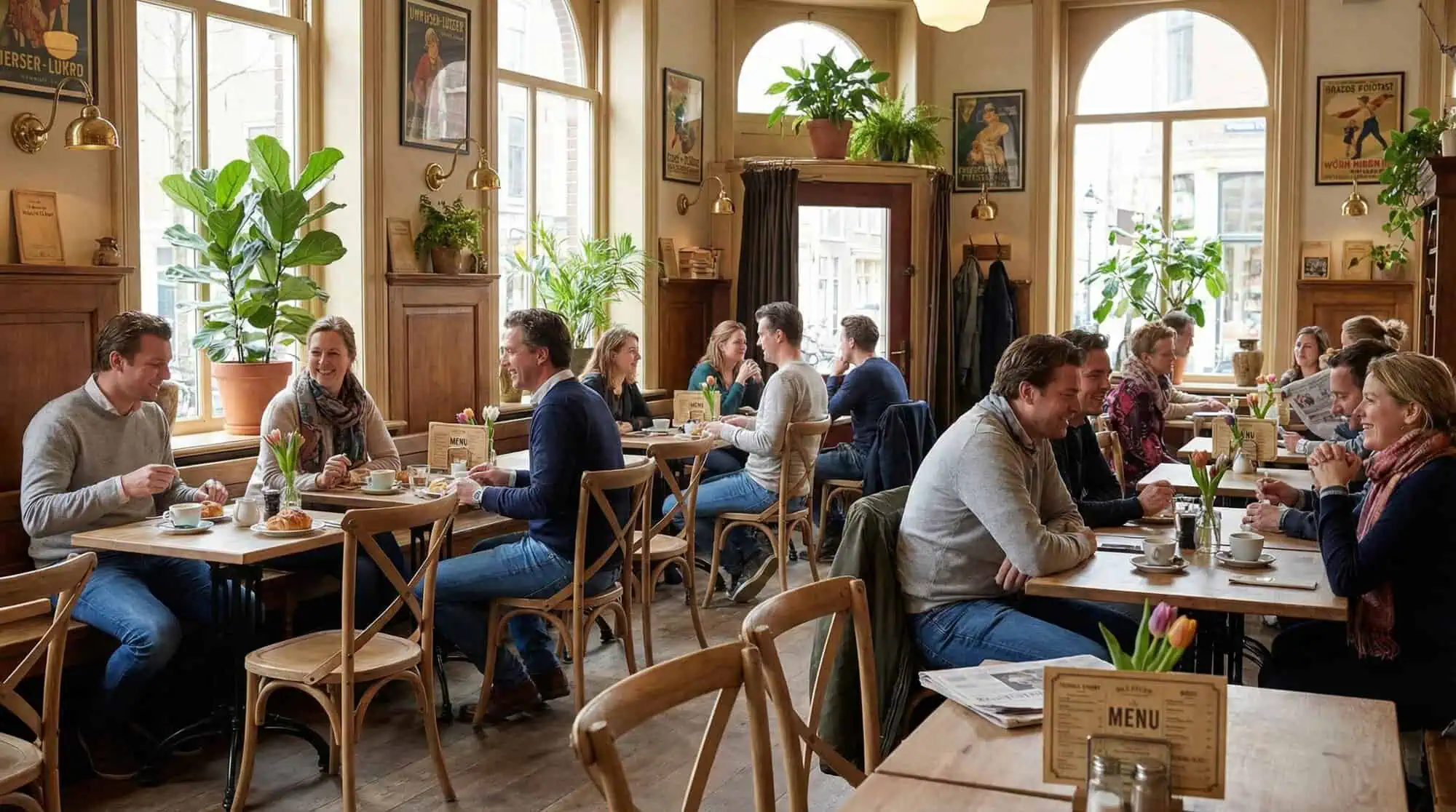 Super-Seat | Houten tafels met houten stoelen, planten, wanddecor en warme verlichting in café. | Horecameubilair