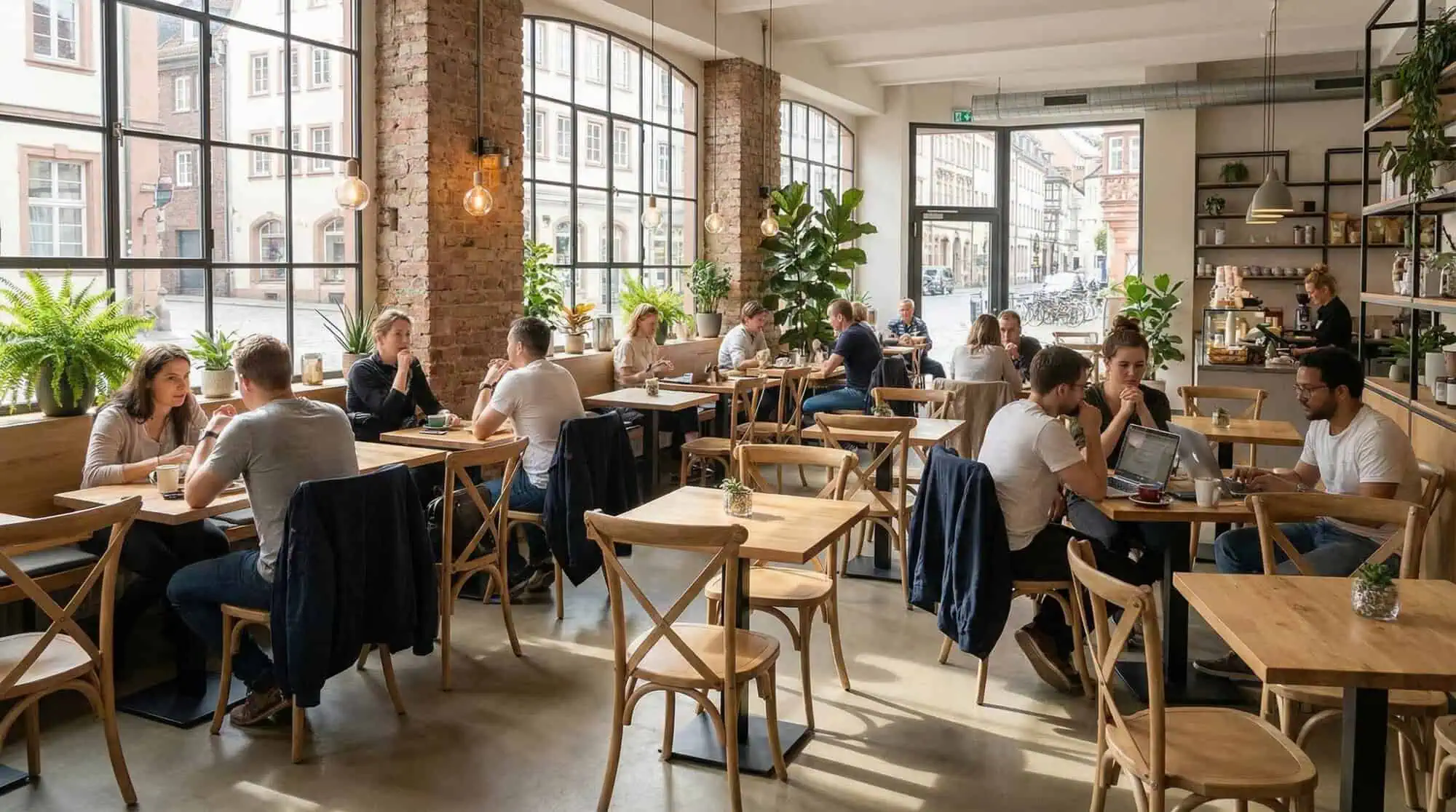 Super-Seat | Café met houten tafels in naturel hout, cross back stoelen, barkrukken en planten. | Horecameubilair