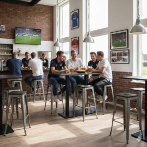 Super-Seat | Design bartafel / statafel onderstellen dubbel zwart 108cm | Zwarte metalen tafels, mannen op barkrukken, sportcafé-sfeer, voetbal op tv. | Horecameubilair