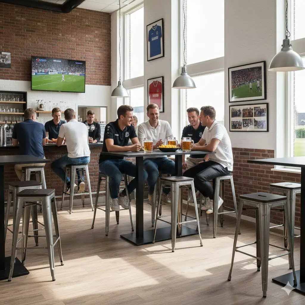 Super-Seat | Design bartafel / statafel onderstellen dubbel zwart 108cm | Zwarte metalen tafels, mannen op barkrukken, sportcafé-sfeer, voetbal op tv. | Horecameubilair