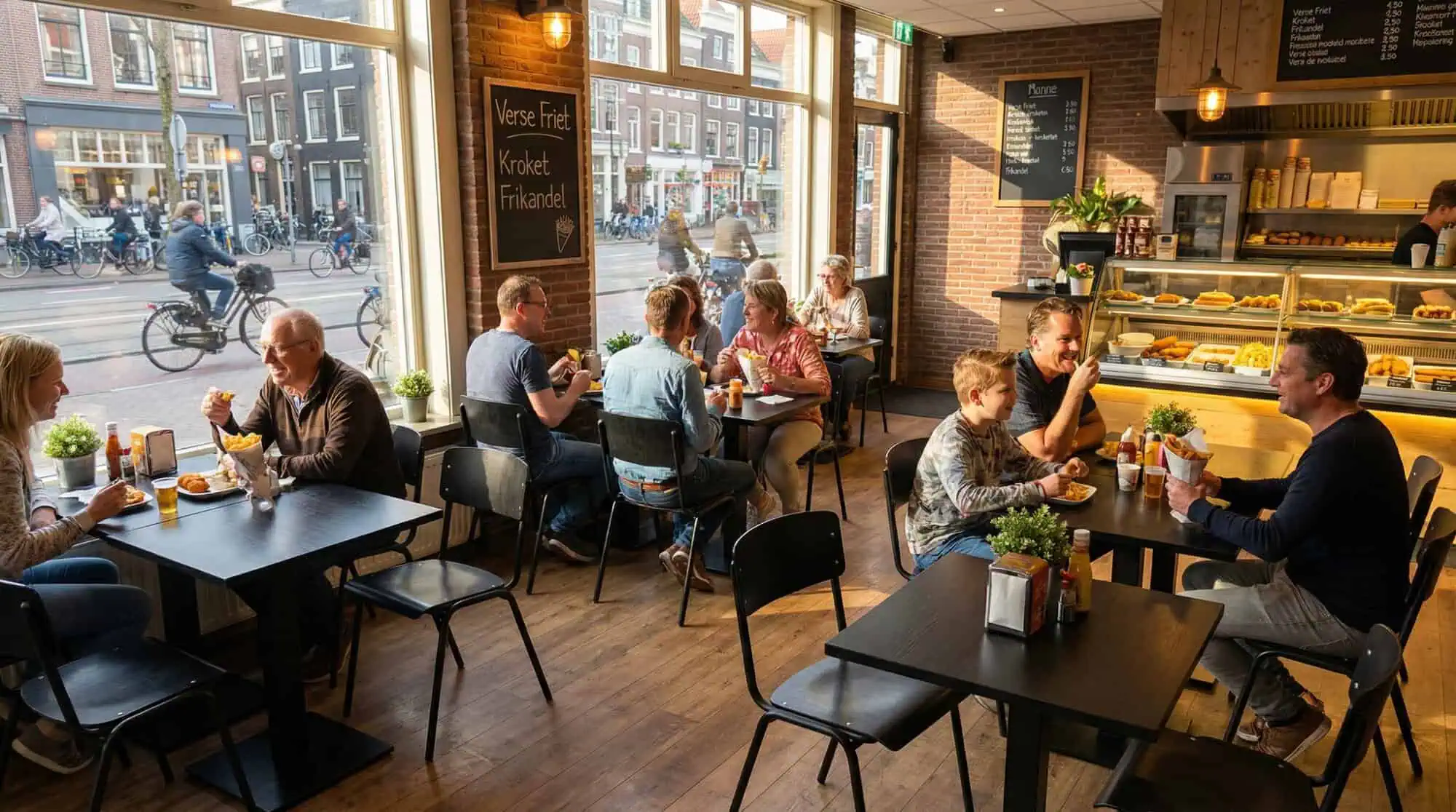Super-Seat | Vanitas vintage schoolstoelen zwart in café Zwarte metalen stoelen, houten tafels; grote ramen, licht en gezellig. | Horecameubilair