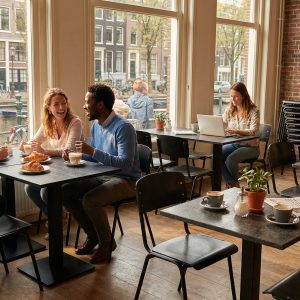 Super-Seat | Cafe Meubilair Overzicht | Zwarte Vanitas vintage schoolstoelen en gestapelde zwarte stoelen rond houten tafels in een licht café. | Horecameubilair