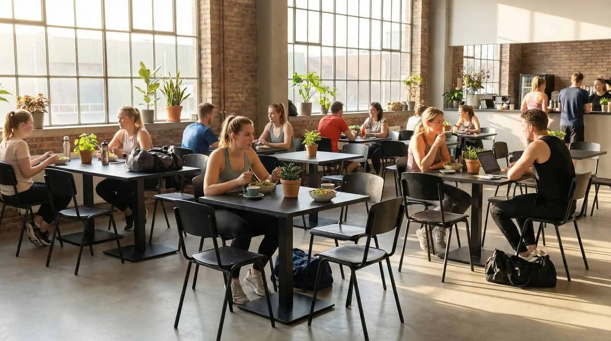 Super-Seat | Zwarte stalen stoelen, houten tafels, bakstenen muren en veel licht in het café. | Horecameubilair