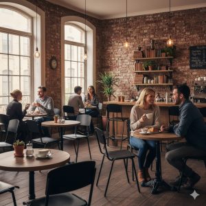Super-Seat | Zwarte metalen stoelen met houten zitting in café met bakstenen muur en houten tafels. | Horecameubilair
