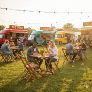 Super-Seat | Houten klaptafels, houten stoelen; lichte en donkere tinten. Outdoor food festival, vrachtwagens en lampjes. | Horecameubilair