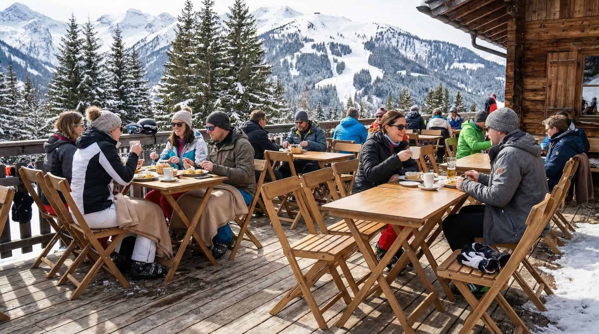 Super-Seat | Houten klaptafels en stoelen op besneeuwd terras, mensen genieten in winterkleding. | Horecameubilair