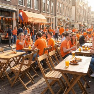 Super-Seat | Vintage houten bistro (terras) klaptafels Parade 80x60cm Oranje shirts, houten tafels, metalen stoelen buiten café op klinkers. | Horecameubilair