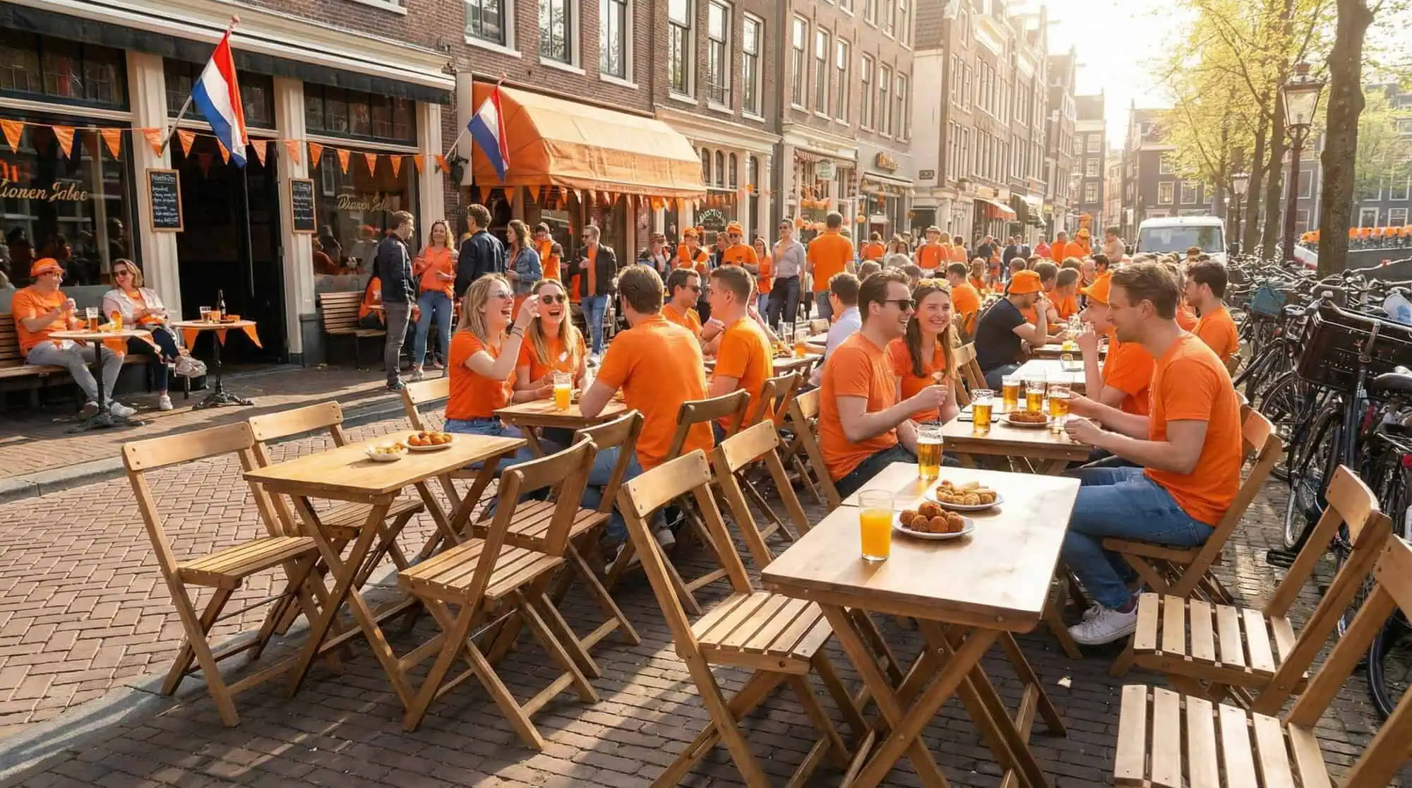 Super-Seat | Vintage houten bistro (terras) klaptafels Parade 80x60cm Oranje shirts, houten tafels, metalen stoelen buiten café op klinkers. | Horecameubilair